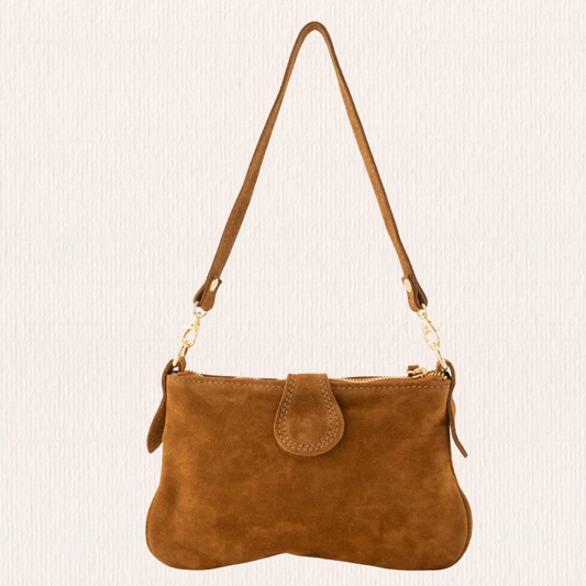 Suéde handtasje met gouden detail cognac