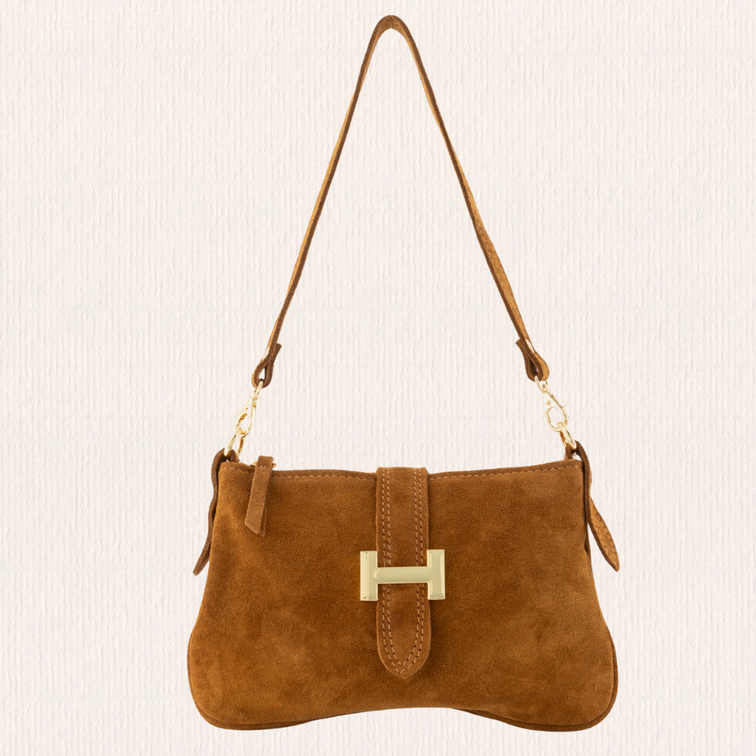 Suéde handtasje met gouden detail cognac