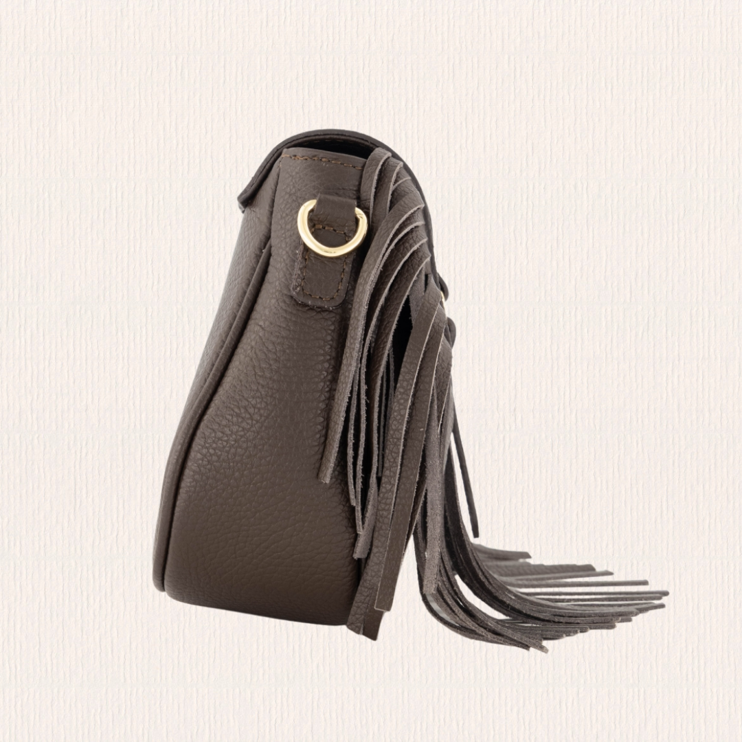 Leren crossbodytas met franjes donkerbruin