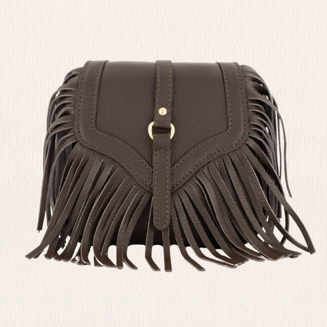 Leren crossbodytas met franjes donkerbruin