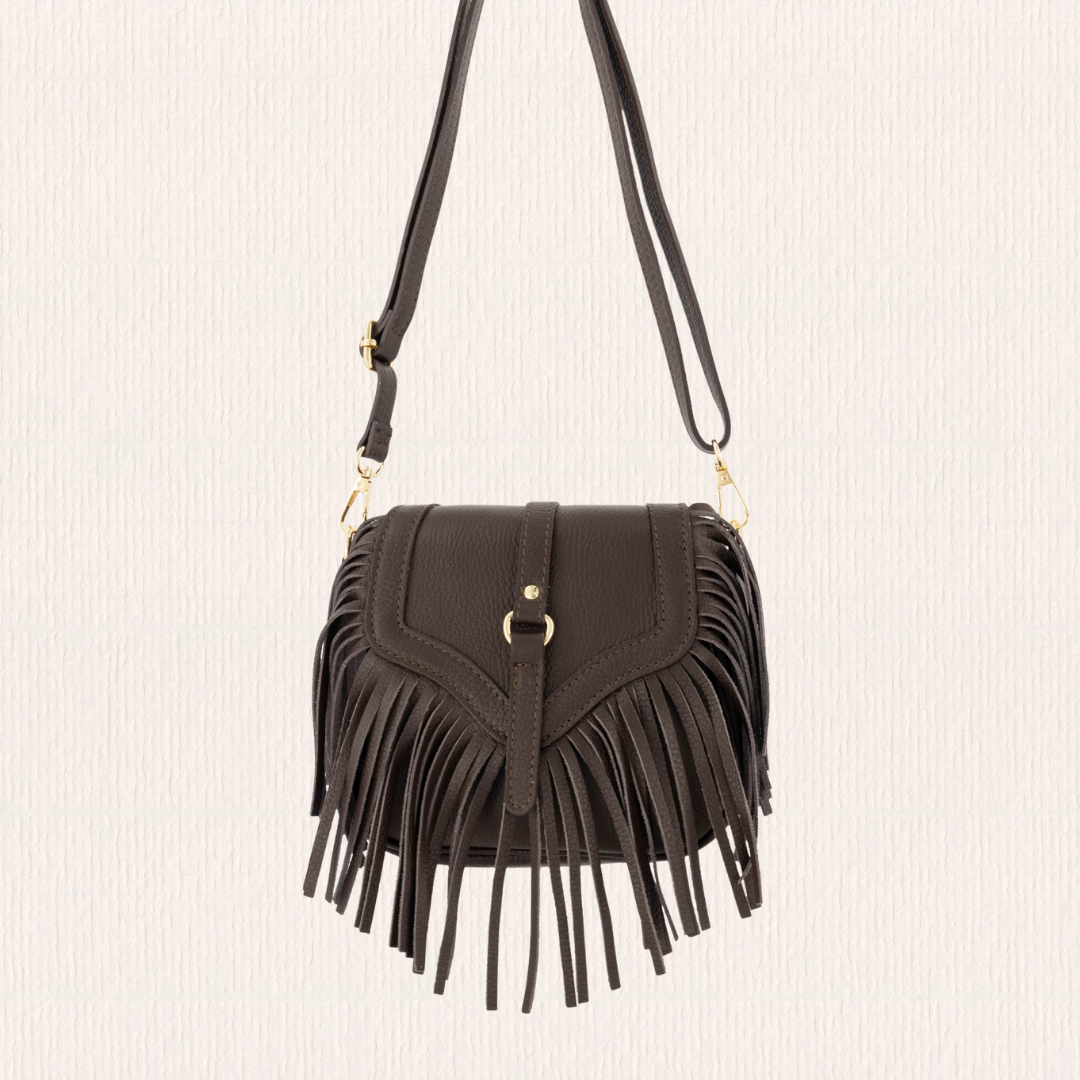 Leren crossbodytas met franjes donkerbruin