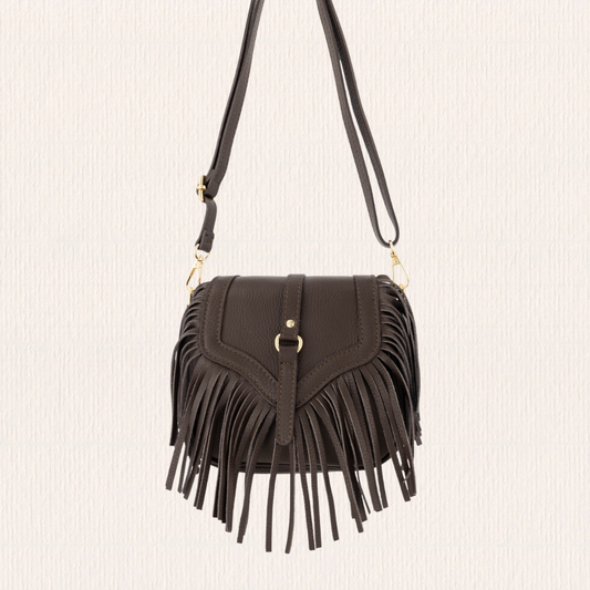 Leren crossbodytas met franjes donkerbruin