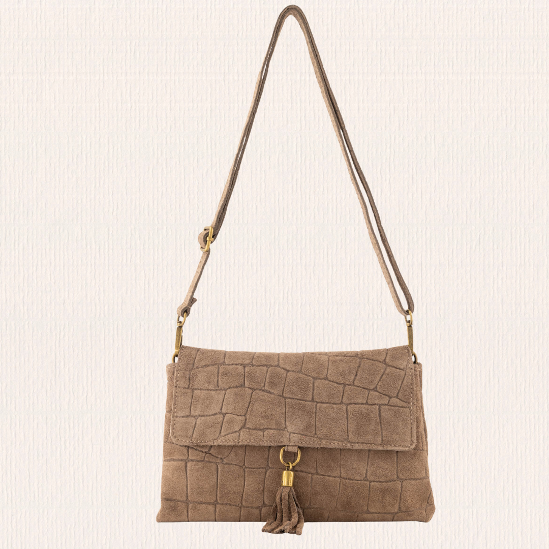 Suéde tasje met crocoprint taupe