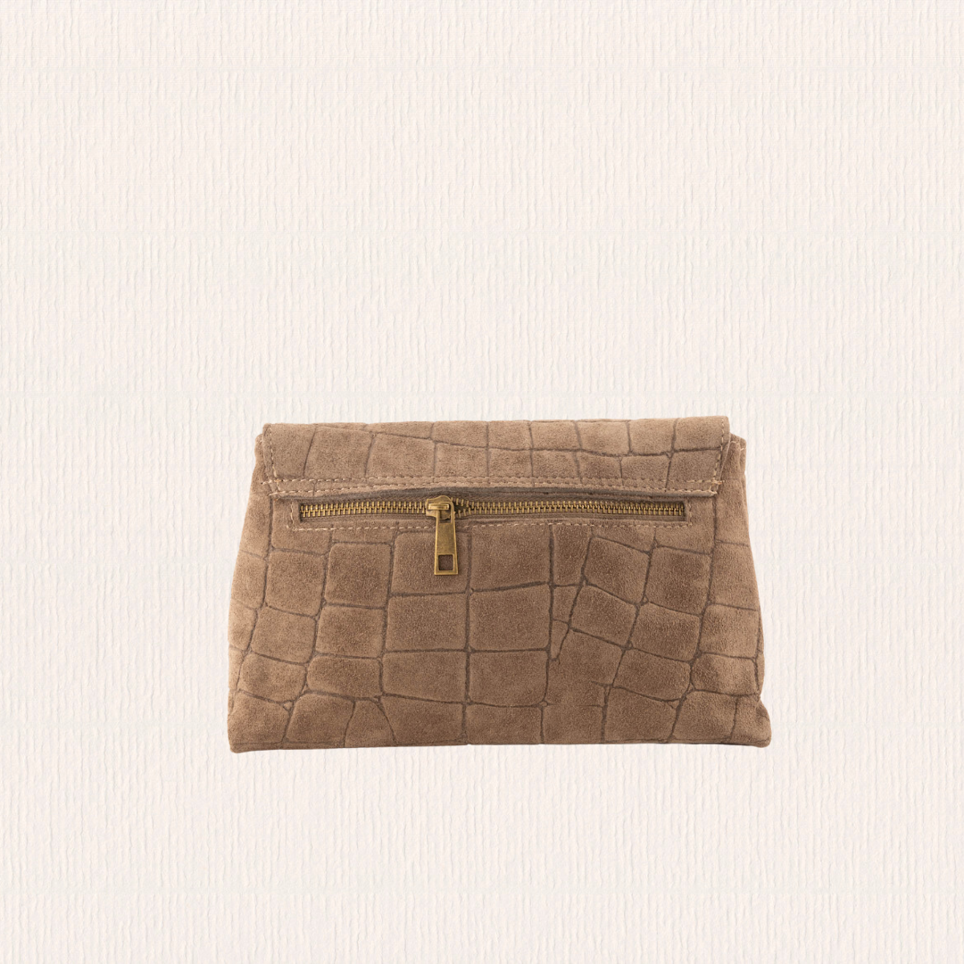 Suéde tasje met crocoprint taupe