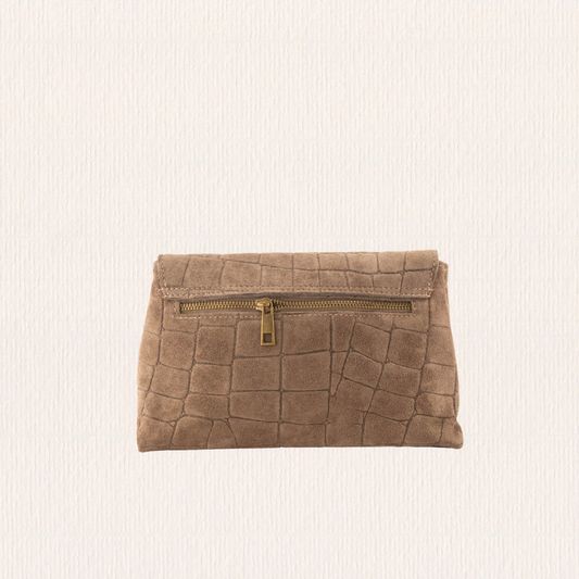 Suéde tasje met crocoprint taupe