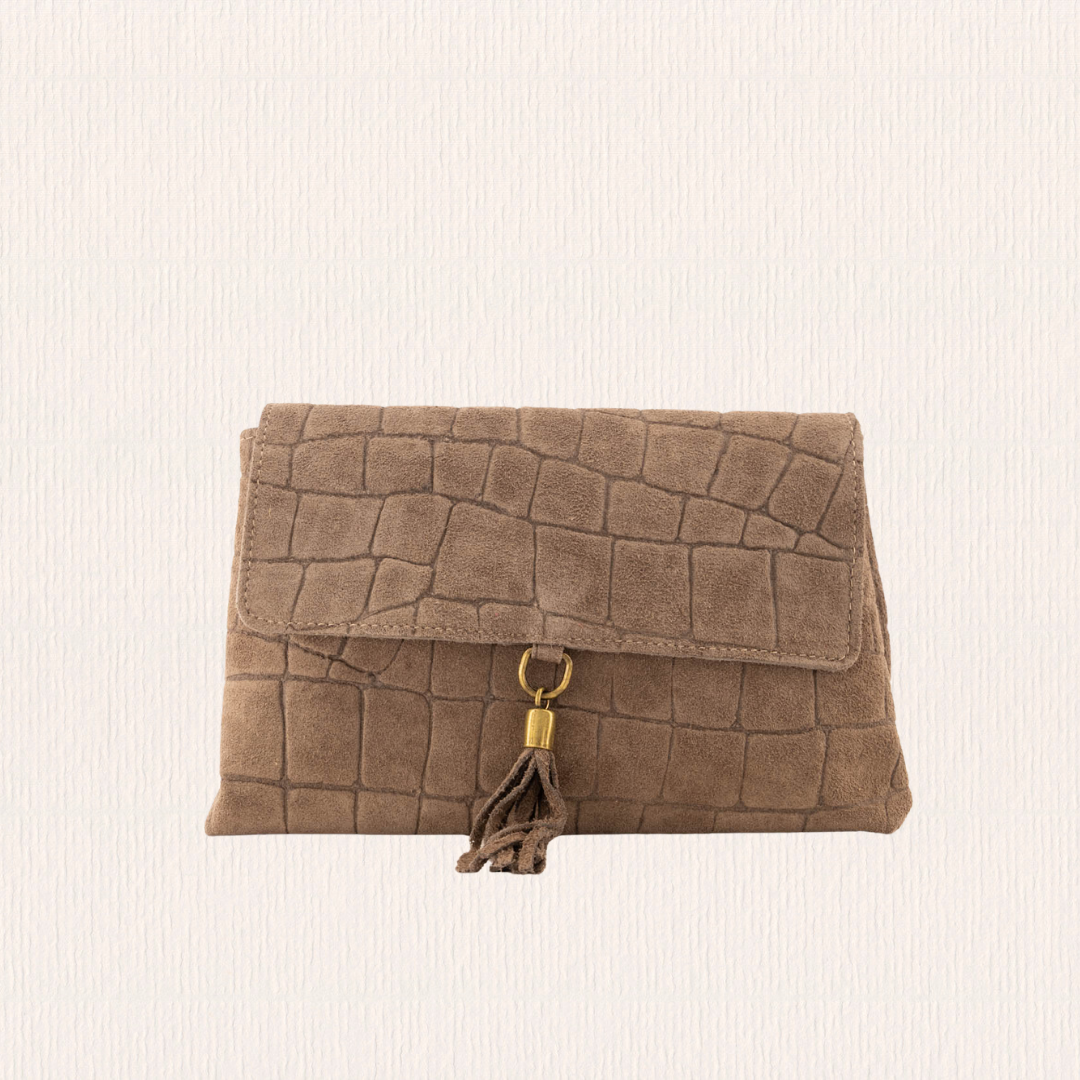 Suéde tasje met crocoprint taupe
