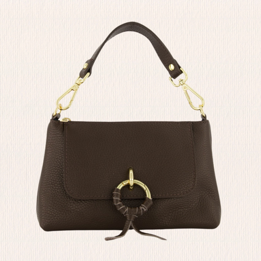 Donkerbruin leren schoudertas met knoopdetail