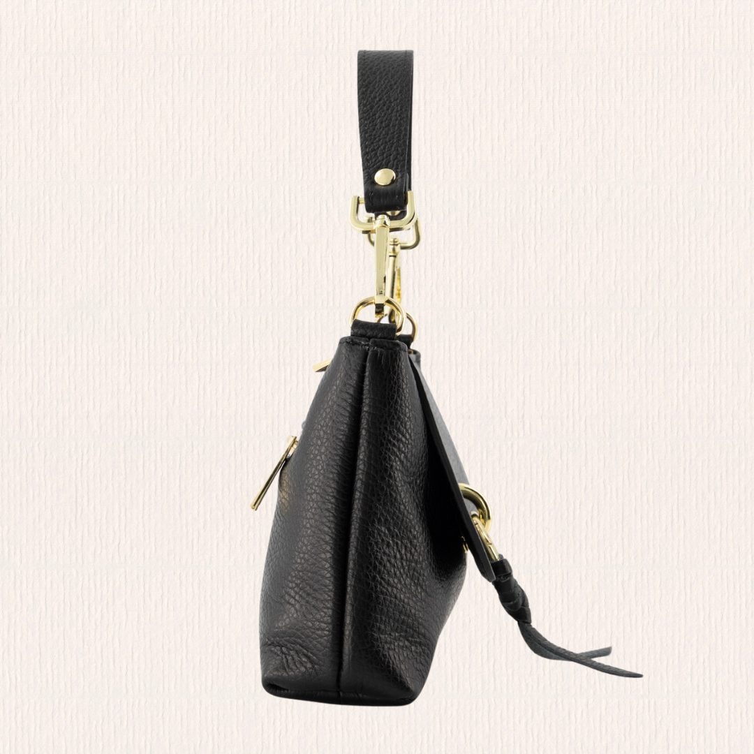 Zwart leren schoudertas met knoopdetail