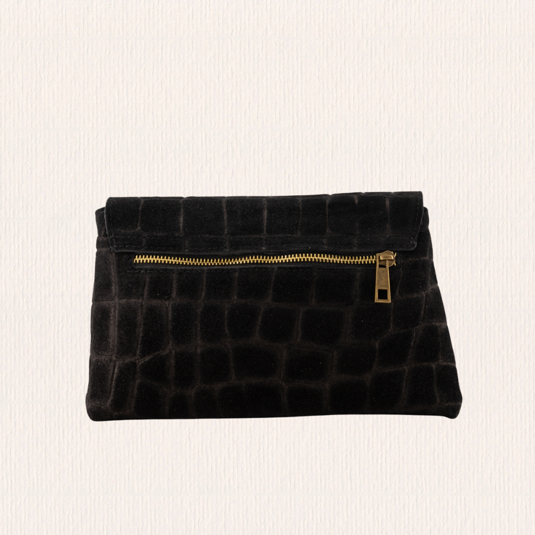 Suéde tasje met crocoprint zwart