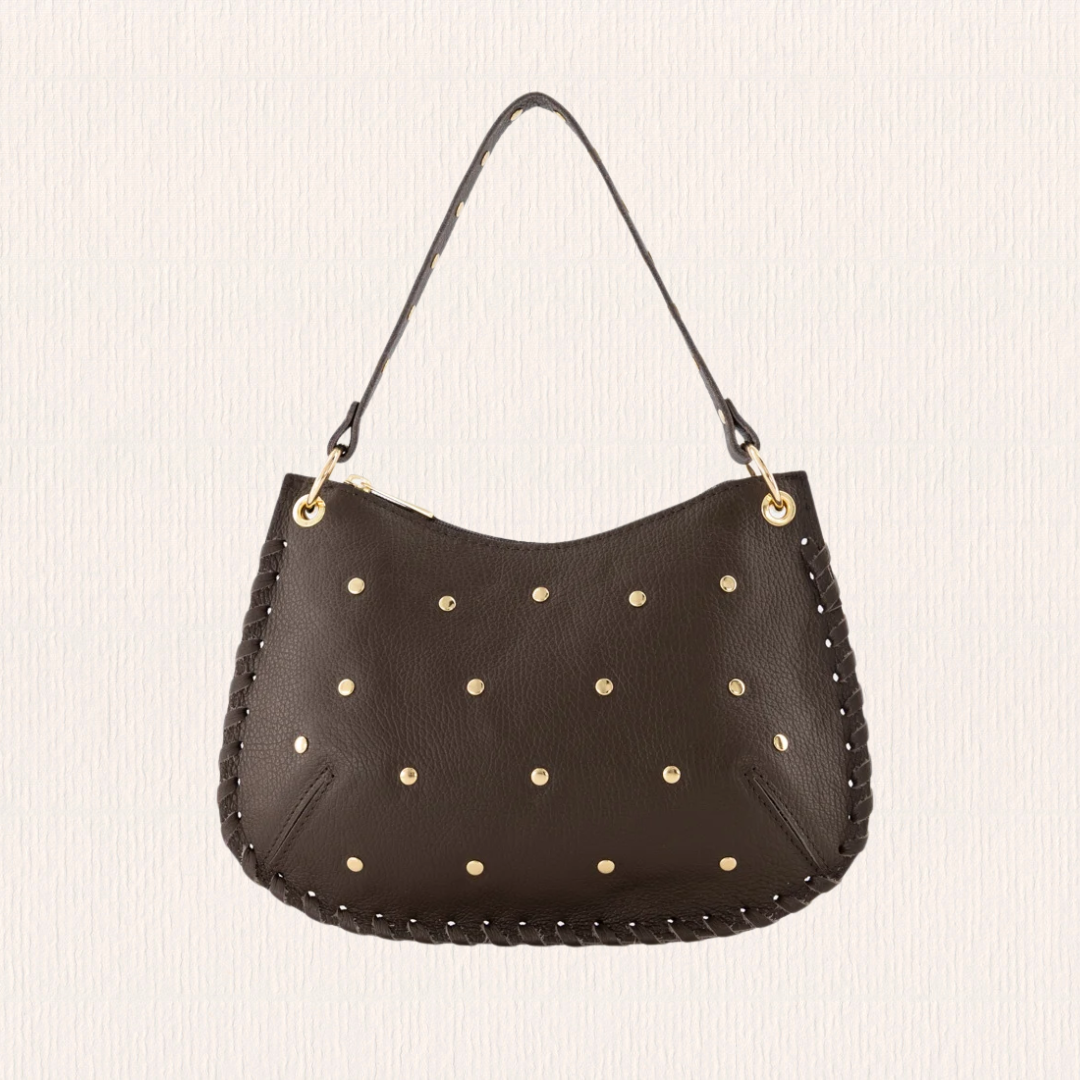 Donkerbruine leren handtas met studs