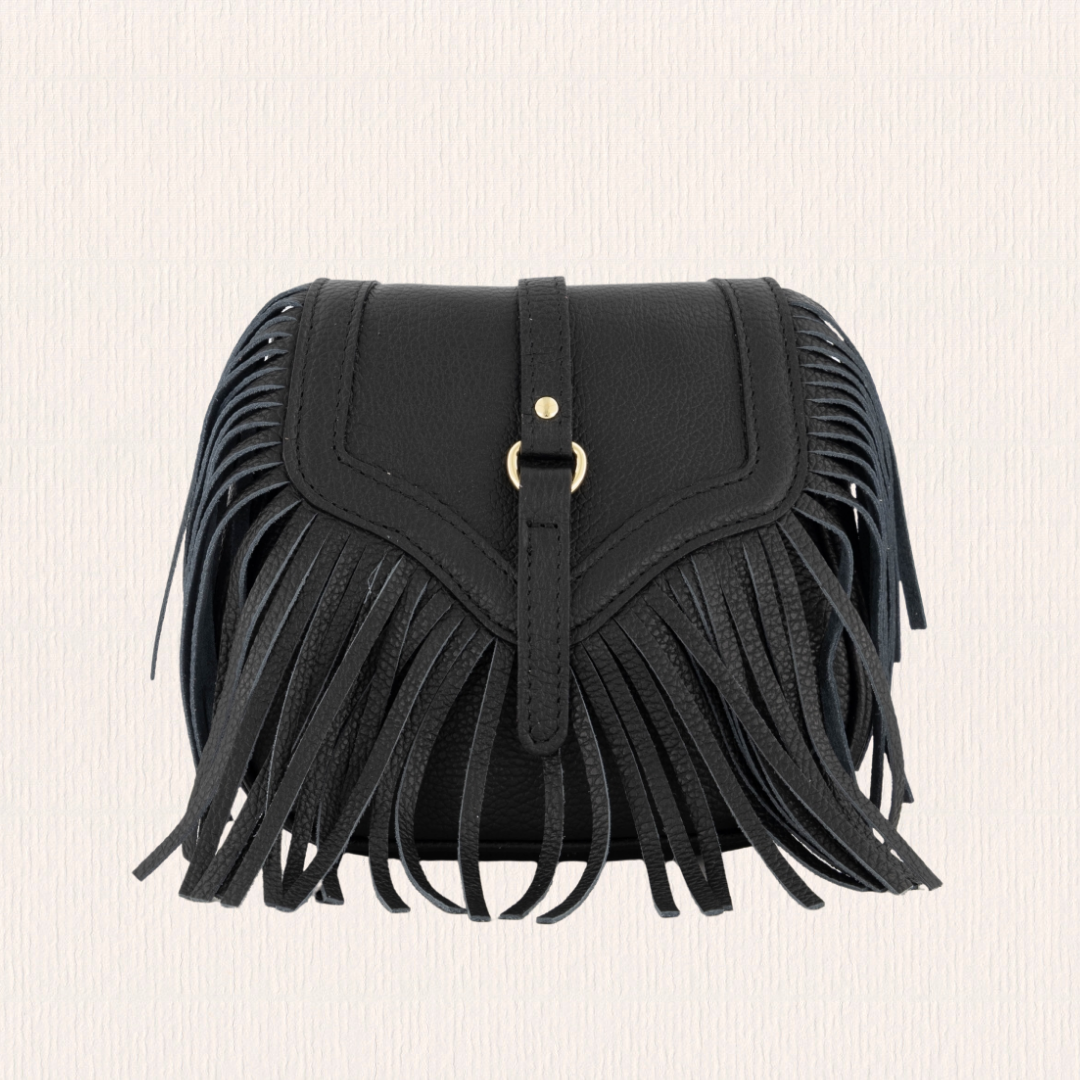 Leren crossbodytas met franjes zwart