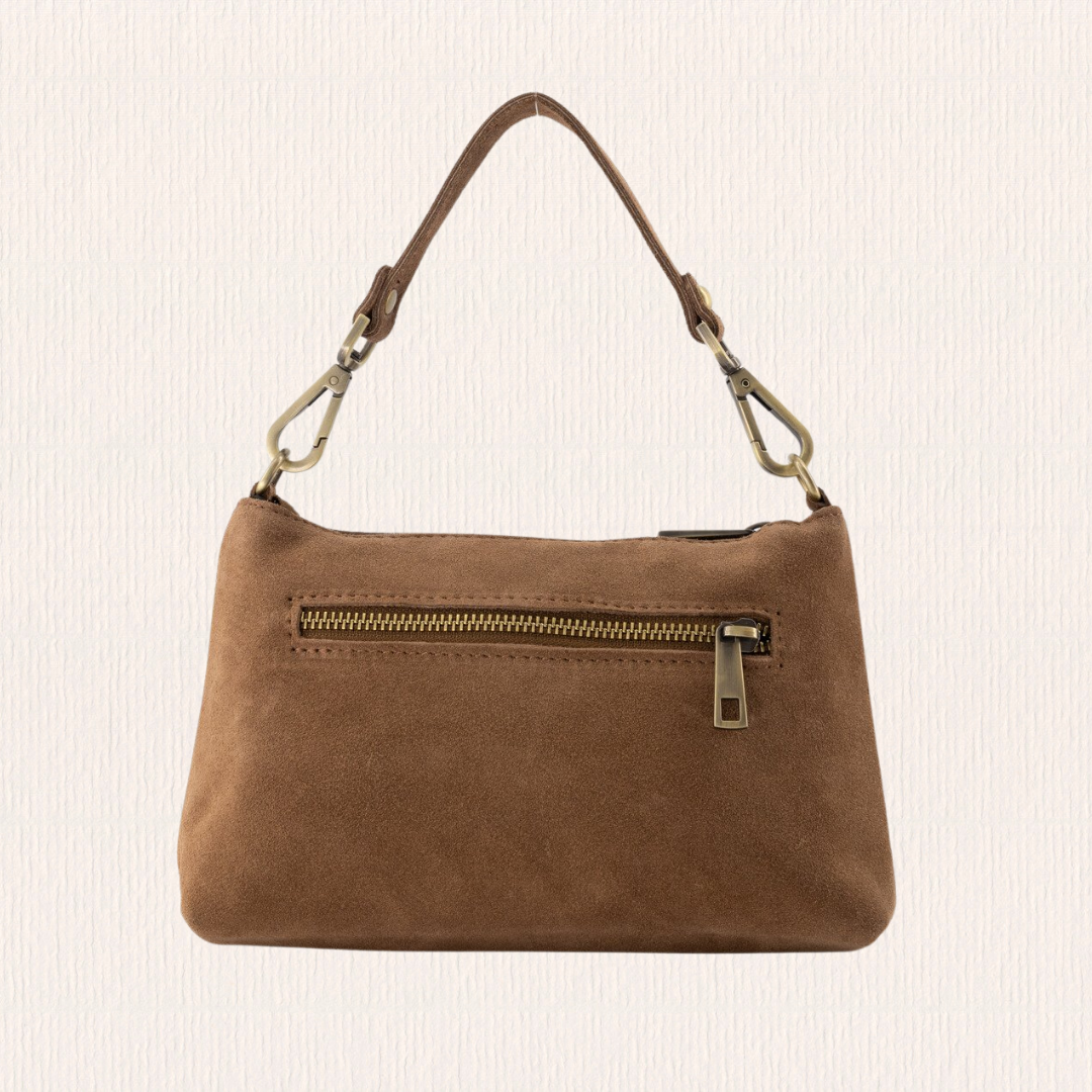 Taupe suede schoudertas met knoopdetail