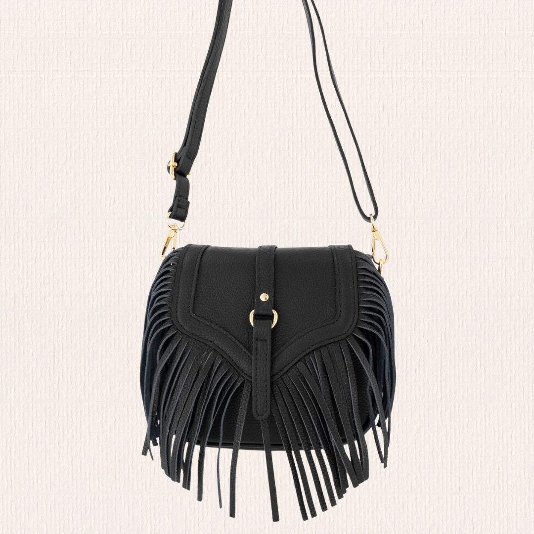 Leren crossbodytas met franjes zwart
