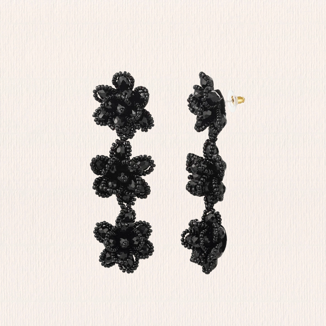 Bloemen oorbellen glitter zwart