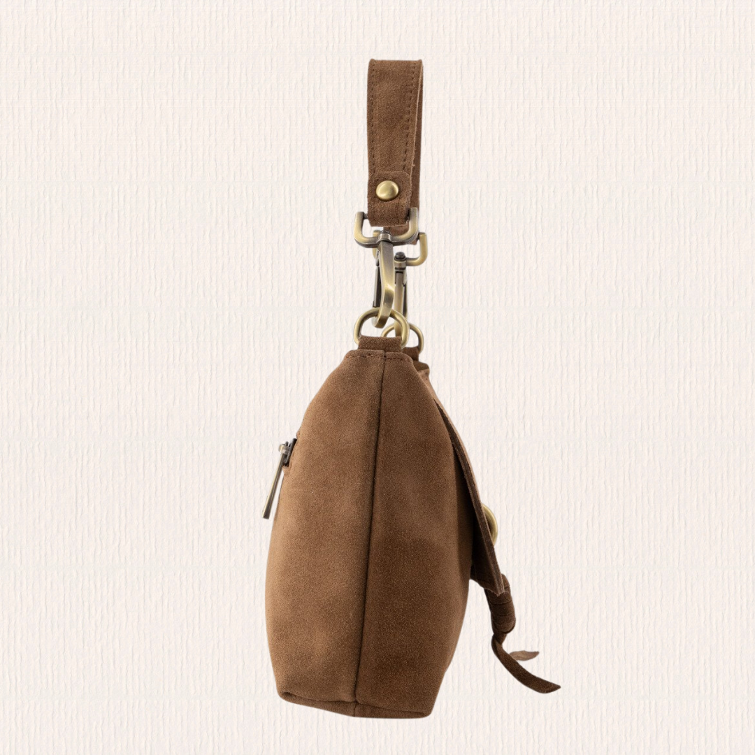 Taupe suede schoudertas met knoopdetail