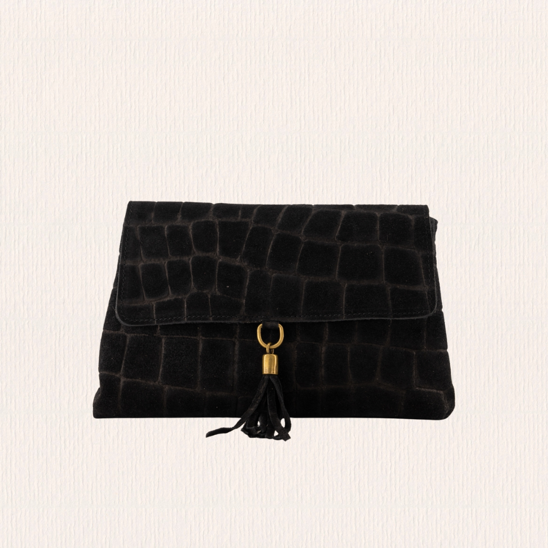 Suéde tasje met crocoprint zwart