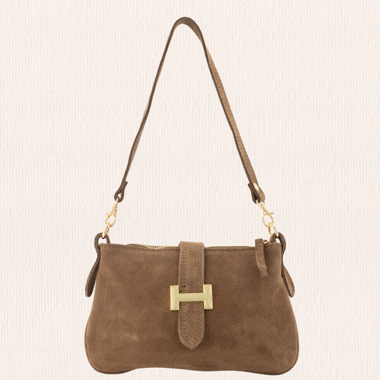 Leren handtasje met gouden detail taupe