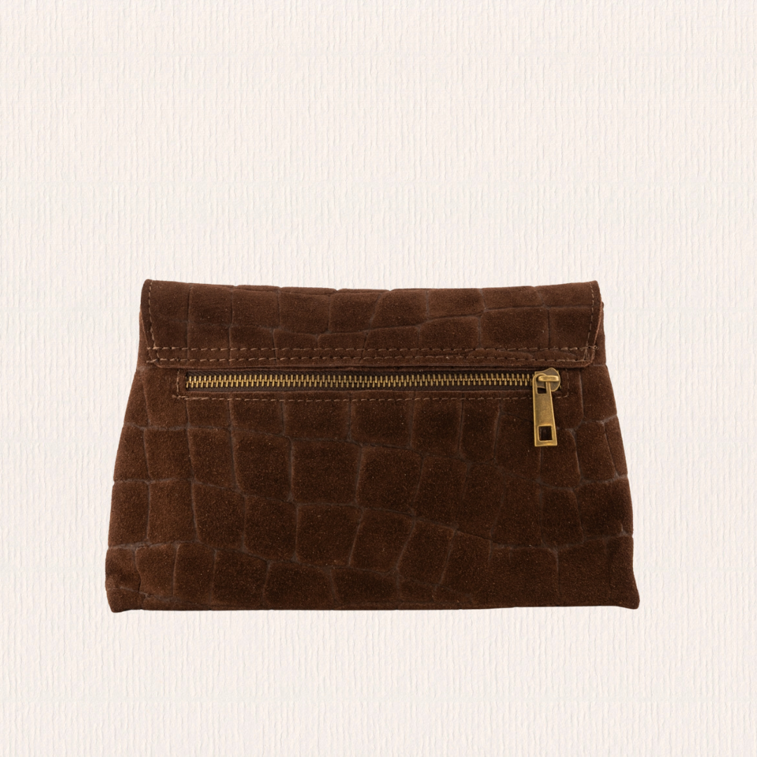 Suéde tasje met crocoprint bruin