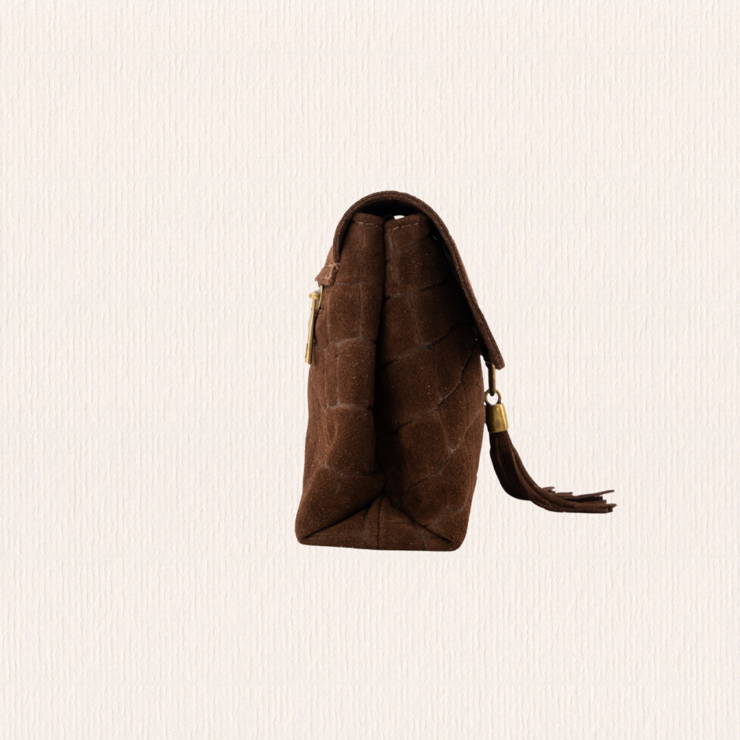 Suéde tasje met crocoprint bruin