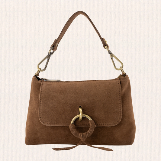 Taupe suede schoudertas met knoopdetail