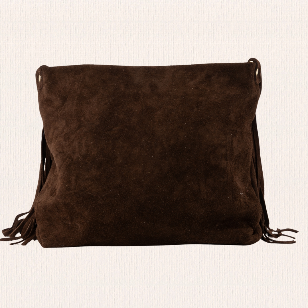 Donkerbruine schoudertas met franjes en studs