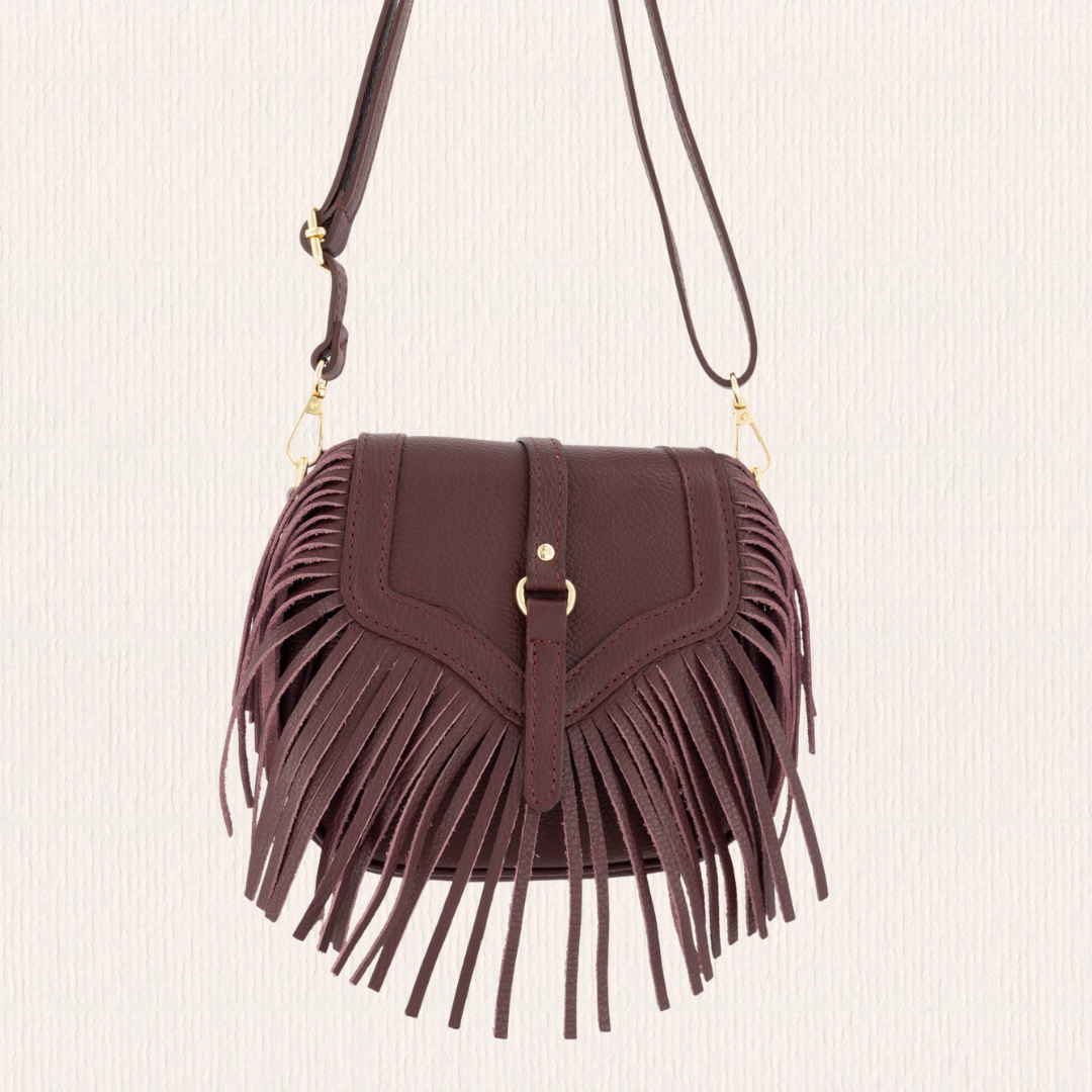 Leren crossbodytas met franjes bordeaux