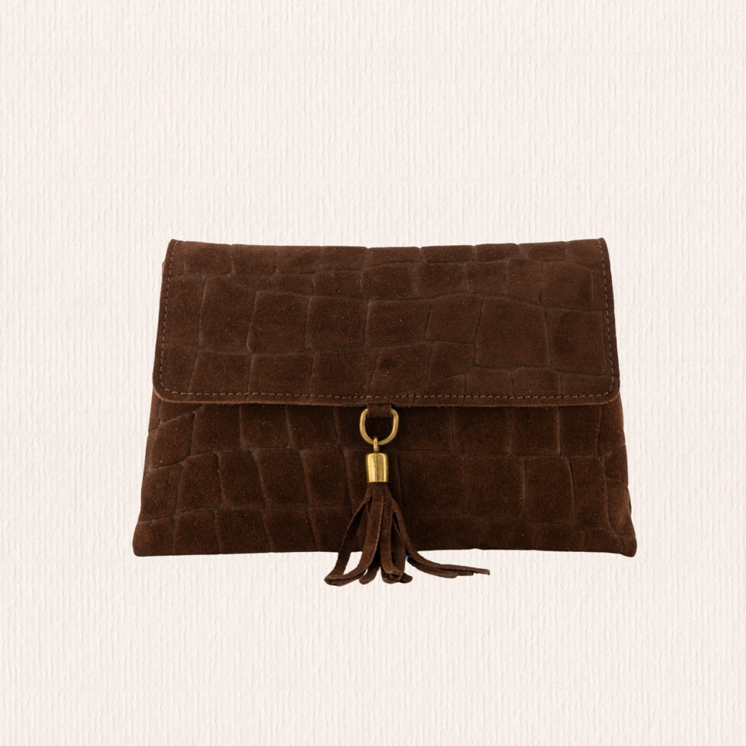 Suéde tasje met crocoprint bruin
