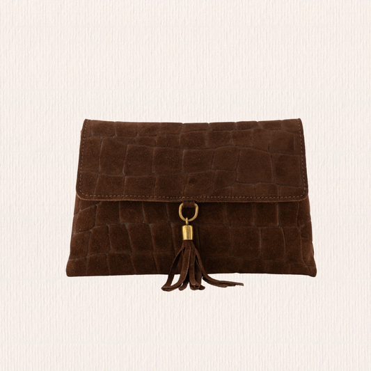 Suéde tasje met crocoprint bruin