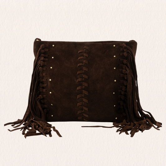Donkerbruine schoudertas met franjes en studs