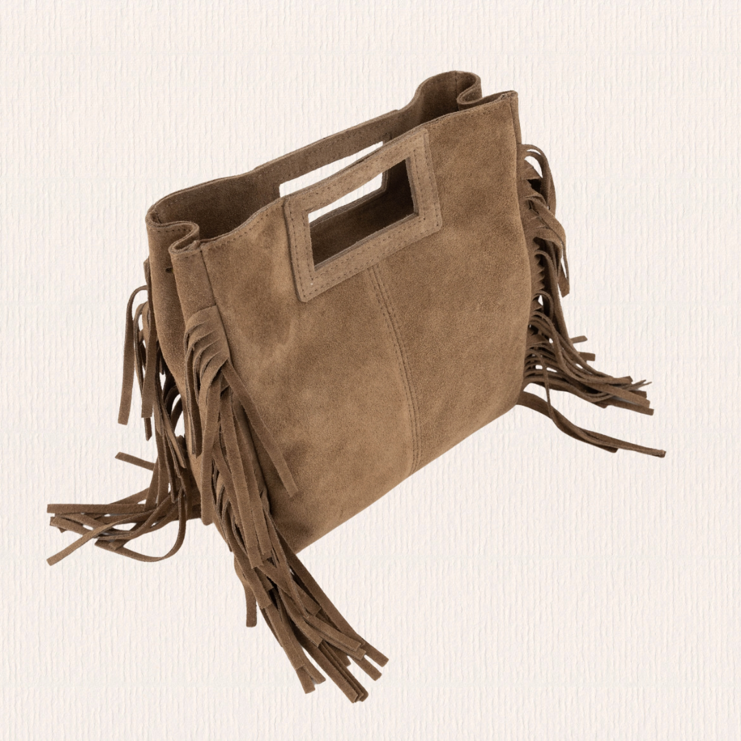 Suéde leren handtas met franjes taupe