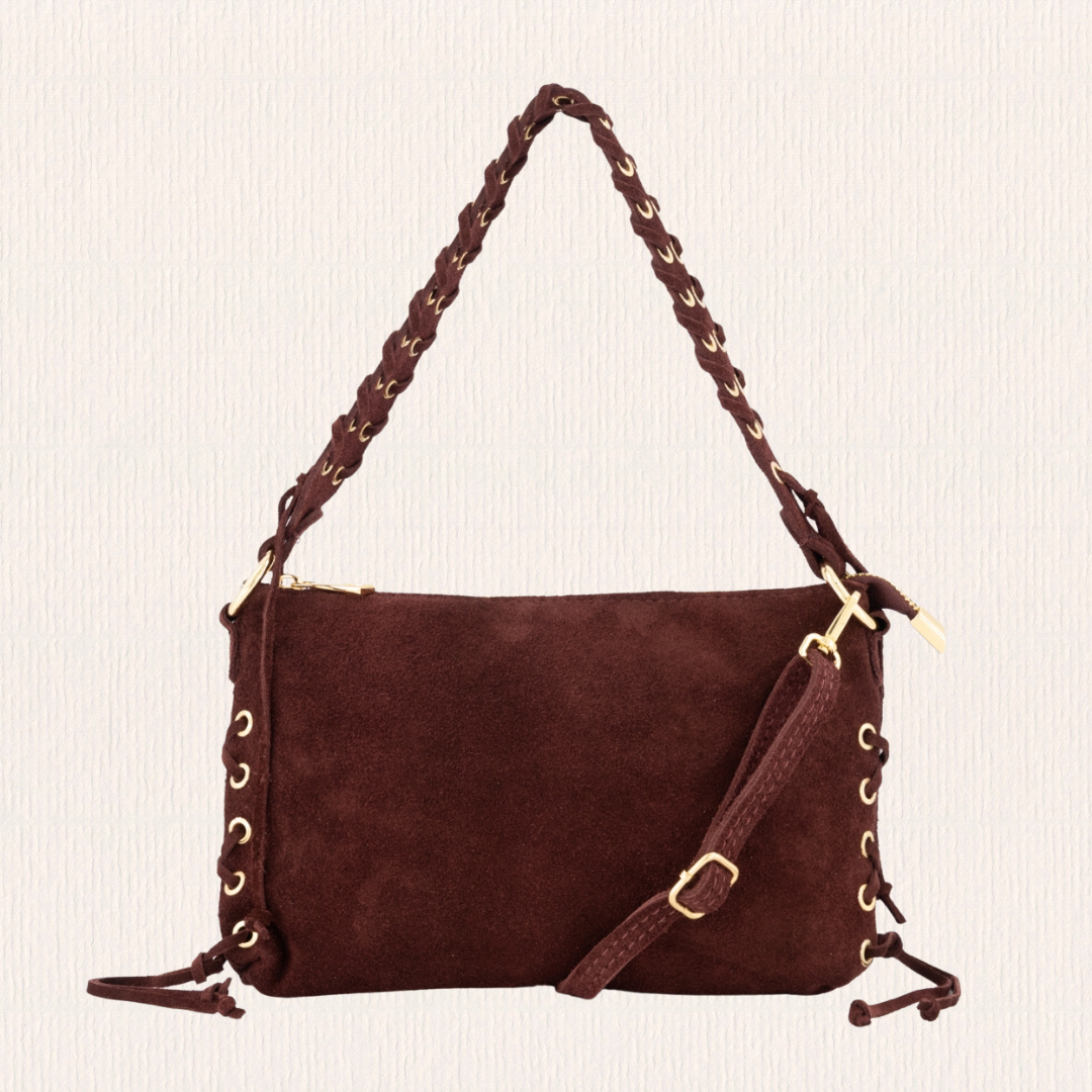 Suede schoudertas met franjes bordeaux
