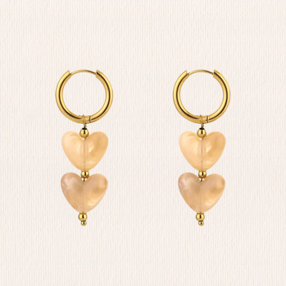 Oorbellen dubbele hart beige