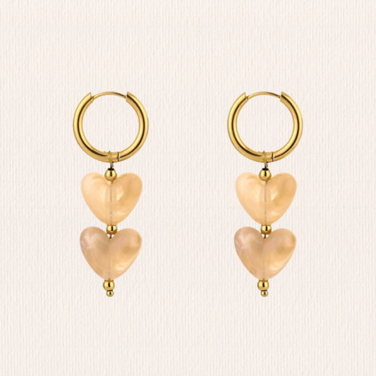 Oorbellen dubbele hart beige