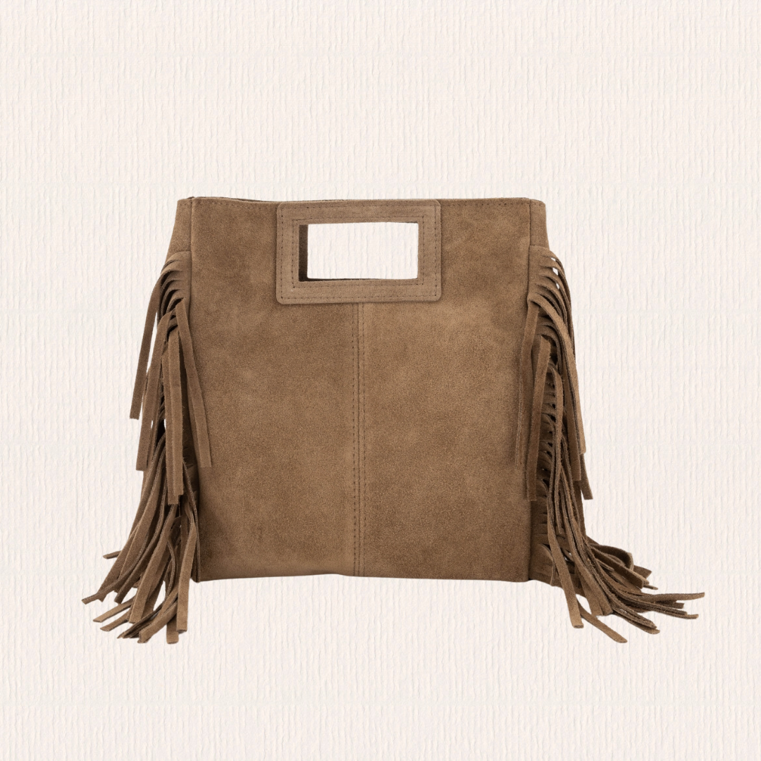 Suéde leren handtas met franjes taupe
