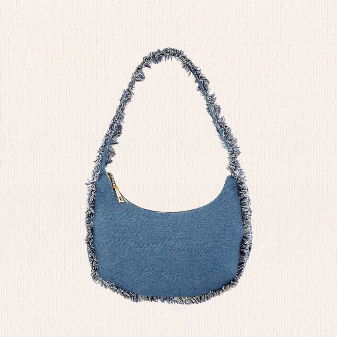 Denim schoudertas met franjes
