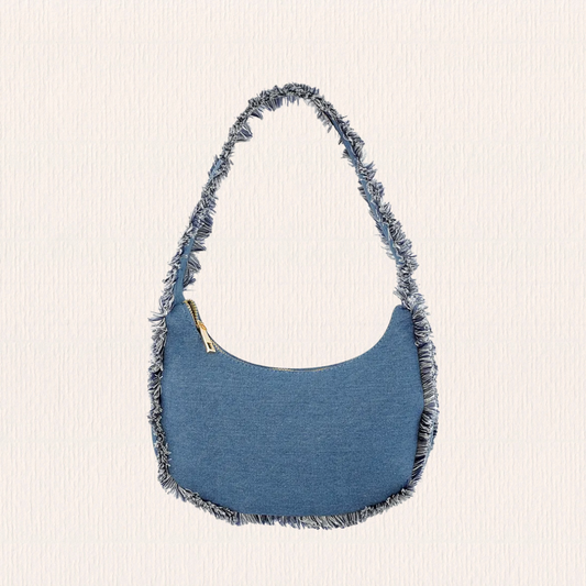 Denim schoudertas met franjes