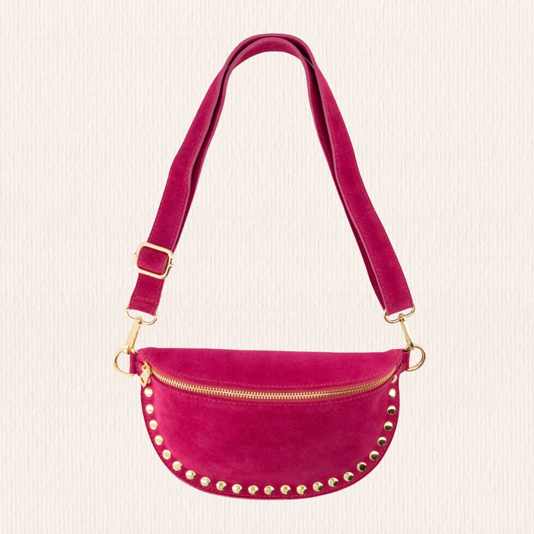 Suède heuptas met studs fuchsia
