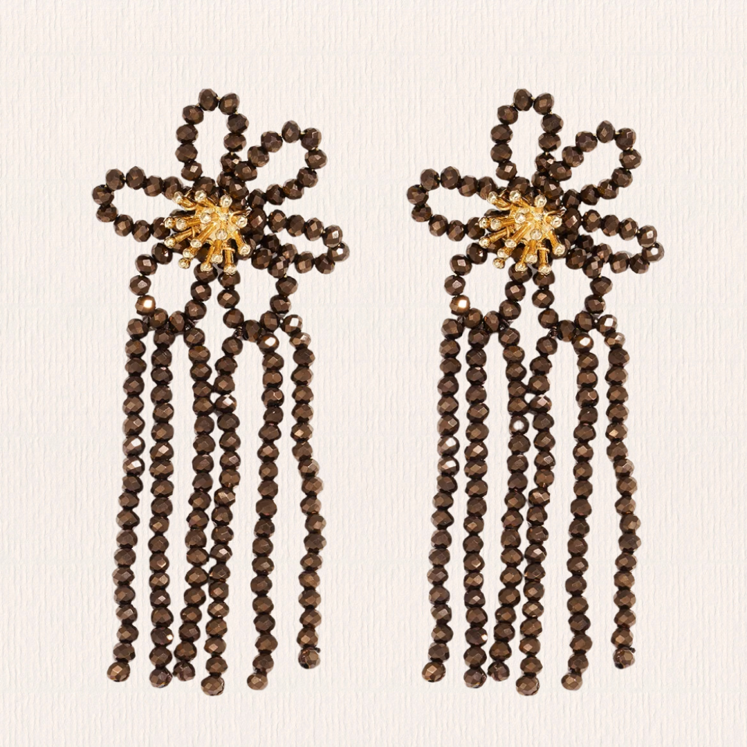 Statement bloem oorbellen met franjes bruin