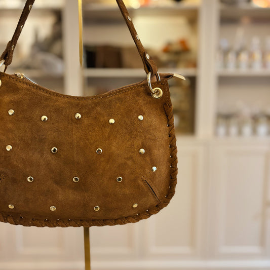 Cognac suède handtas met studs